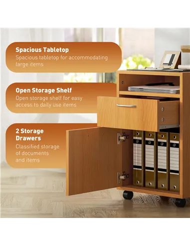 HOMCOM 60cm Filing Cabinet with Drawer, Open Shelf, Metal Handles and 4 Wheels, Office Home Organiser Mobile Printer, Natural Wo