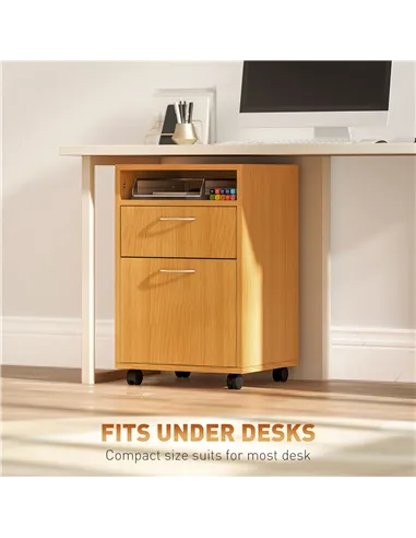 HOMCOM 60cm Filing Cabinet with Drawer, Open Shelf, Metal Handles and 4 Wheels, Office Home Organiser Mobile Printer, Natural Wo
