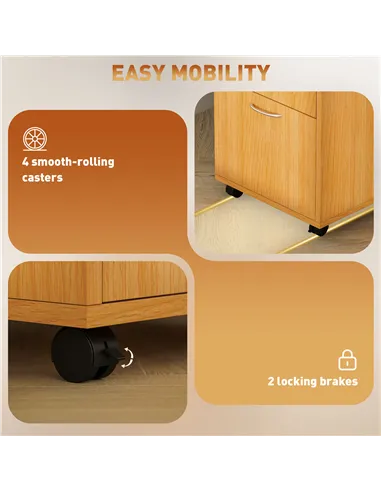 HOMCOM 60cm Filing Cabinet with Drawer, Open Shelf, Metal Handles and 4 Wheels, Office Home Organiser Mobile Printer, Natural Wo