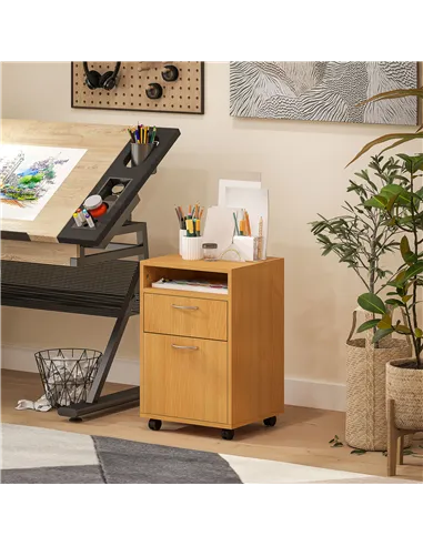 HOMCOM 60cm Filing Cabinet with Drawer, Open Shelf, Metal Handles and 4 Wheels, Office Home Organiser Mobile Printer, Natural Wo