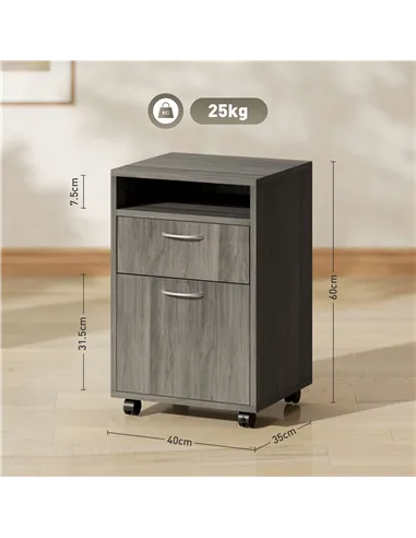HOMCOM 60cm Filing Cabinet with Drawer, Open Shelf, Metal Handles and 4 Wheels, Office Home Organiser Mobile Printer, Grey