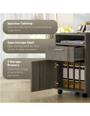 HOMCOM 60cm Filing Cabinet with Drawer, Open Shelf, Metal Handles and 4 Wheels, Office Home Organiser Mobile Printer, Grey