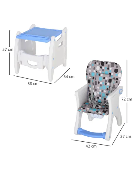 HOMCOM 2 in 1 Convertible Baby High Chair Toddler Table Chair Infant Feeding Seat Removable Food Tray Safety Harness Blue