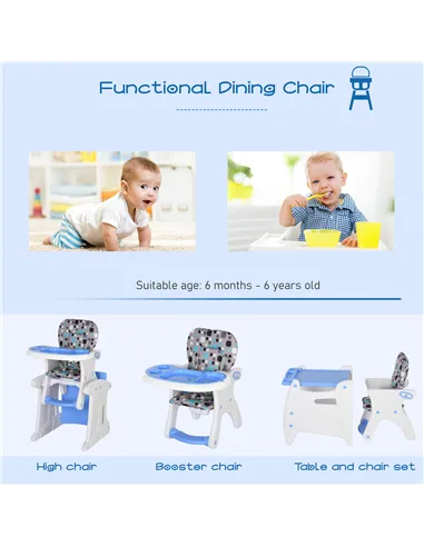 HOMCOM 2 in 1 Convertible Baby High Chair Toddler Table Chair Infant Feeding Seat Removable Food Tray Safety Harness Blue