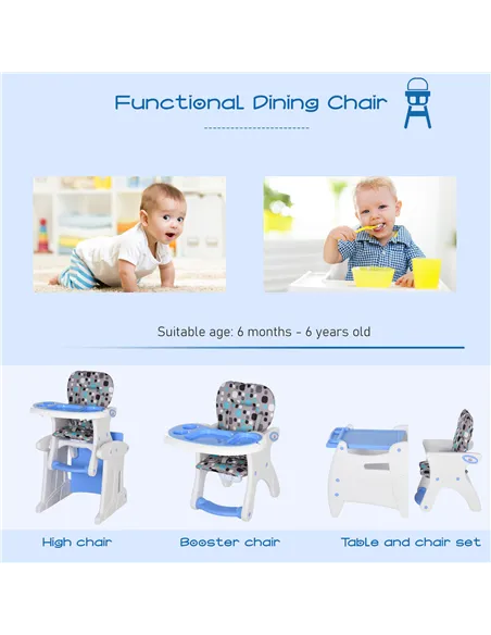 HOMCOM 2 in 1 Convertible Baby High Chair Toddler Table Chair Infant Feeding Seat Removable Food Tray Safety Harness Blue