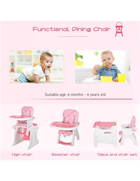 HOMCOM HDPE 3-in-1 Baby Booster High Chair Pink