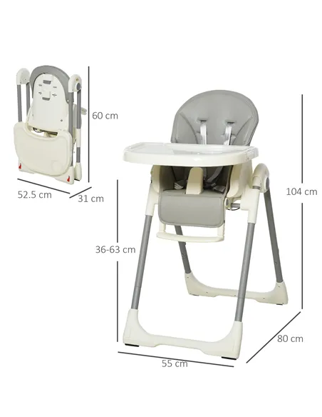 HOMCOM Foldable Baby High Chair Convertible Feeding Chair Height Adjustable with Adjustable Backrest Footrest and Removable Tray