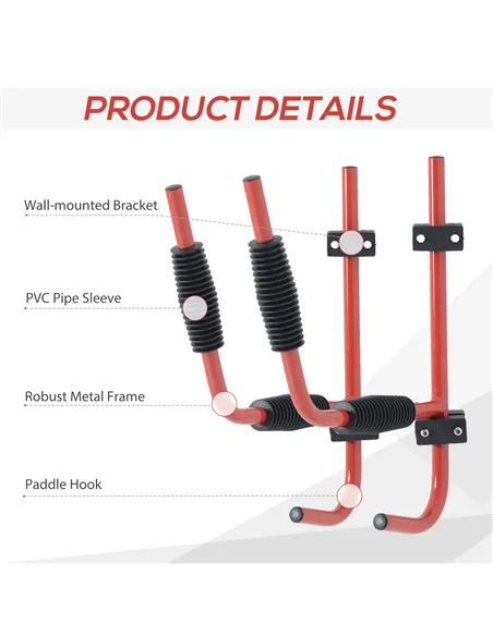 HOMCOM Kayak Canoe Heavy Duty Wall Mounted Storage Holder Rack Heavy Duty Storing Hangers Red