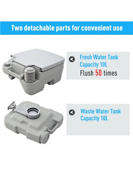 HOMCOM 10L Portable Toilet for Adults, Outdoor Camping Toilet with 2 Detachable Tanks & Push-button Operation, Compact Outdoor T