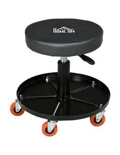 HOMCOM Workshop Stool, Pneumatic Adjustable Mechanic Stool, with Tool Tray, Wheels - Black