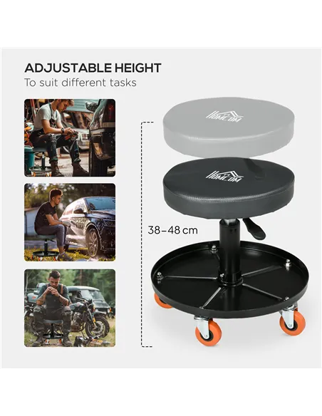 HOMCOM Workshop Stool, Pneumatic Adjustable Mechanic Stool, with Tool Tray, Wheels - Black