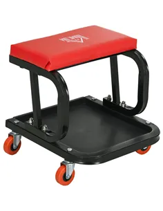 HOMCOM Workshop Stool, Rolling Machine Stool with 360° Swivel, Padded Seat, Tool Tray, Red
