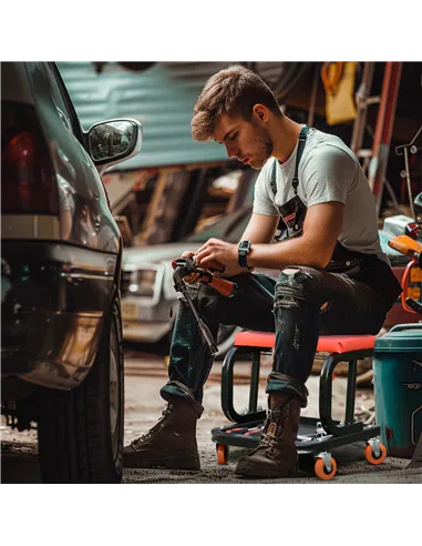 HOMCOM Workshop Stool, Rolling Machine Stool with 360° Swivel, Padded Seat, Tool Tray, Red