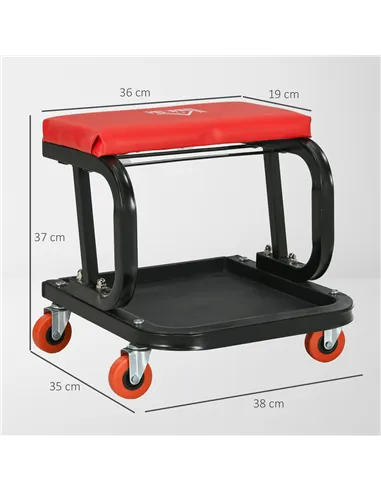 HOMCOM Workshop Stool, Rolling Machine Stool with 360° Swivel, Padded Seat, Tool Tray, Red