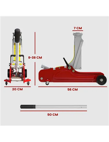 HOMCOM Low Profile Jack, Hydraulic Racing Floor Jack, 8-38cm Lifting Range, 2.5 Ton Capacity, Red