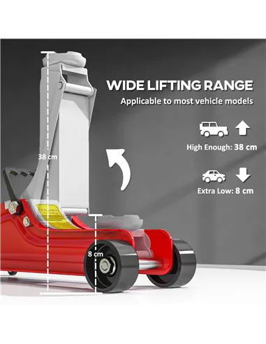 HOMCOM Low Profile Jack, Hydraulic Racing Floor Jack, 8-38cm Lifting Range, 2.5 Ton Capacity, Red