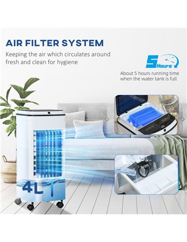 HOMCOM 3-in-1 Evaporative Air Cooler with 4L Water Tank, Portable Fan Cooler with Automatic Oscillation, Timer, Remote, White