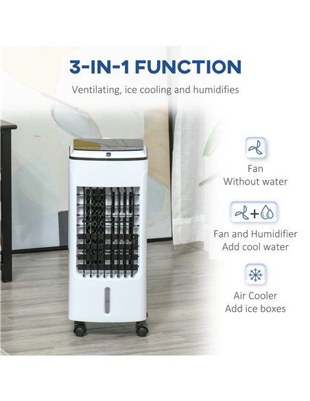 HOMCOM 3-in-1 Evaporative Air Cooler with 4L Water Tank, Portable Fan Cooler with Automatic Oscillation, Timer, Remote, White