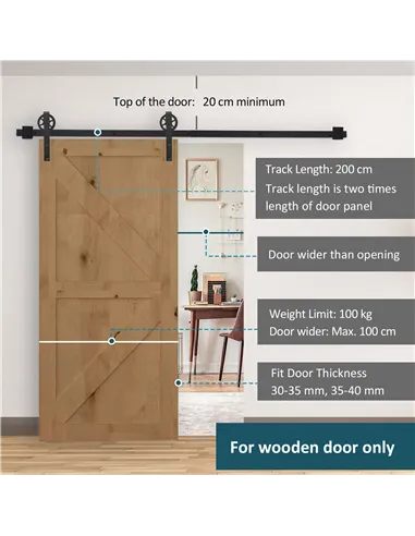 HOMCOM 6.6 FT/ 2000mm Carbon Steel Sliding Barn Door Kits Hardware Closet Set Track System for Single Wooden Door Industrial Whe
