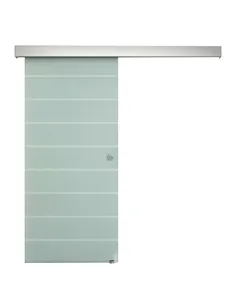HOMCOM 90cm Sliding Glass Door with Hardware Track Kit, Frosted Tempered Glass with Stripe Pattern, Round Handle