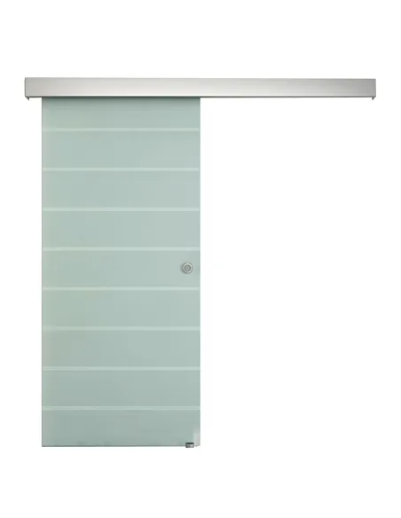 HOMCOM 90cm Sliding Glass Door with Hardware Track Kit, Frosted Tempered Glass with Stripe Pattern, Round Handle