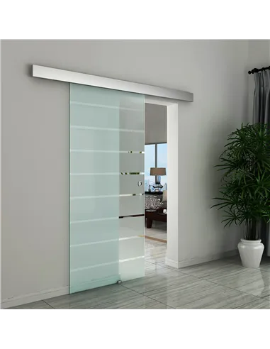 HOMCOM 90cm Sliding Glass Door with Hardware Track Kit, Frosted Tempered Glass with Stripe Pattern, Round Handle
