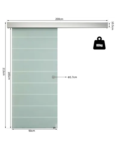 HOMCOM 90cm Sliding Glass Door with Hardware Track Kit, Frosted Tempered Glass with Stripe Pattern, Round Handle