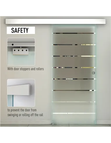 HOMCOM 90cm Sliding Glass Door with Hardware Track Kit, Frosted Tempered Glass with Stripe Pattern, Round Handle