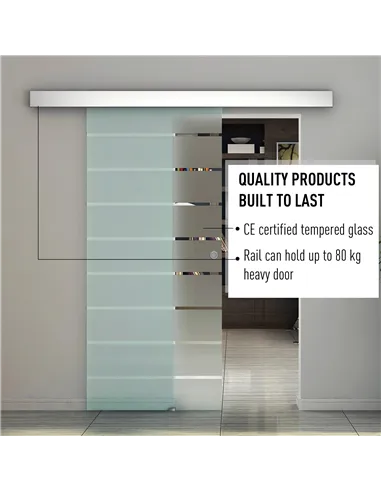 HOMCOM 90cm Sliding Glass Door with Hardware Track Kit, Frosted Tempered Glass with Stripe Pattern, Round Handle