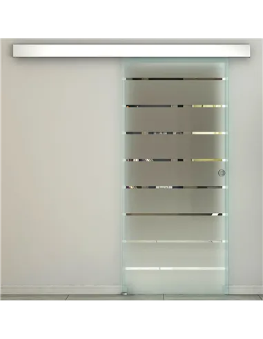 HOMCOM 90cm Sliding Glass Door with Hardware Track Kit, Frosted Tempered Glass with Stripe Pattern, Round Handle