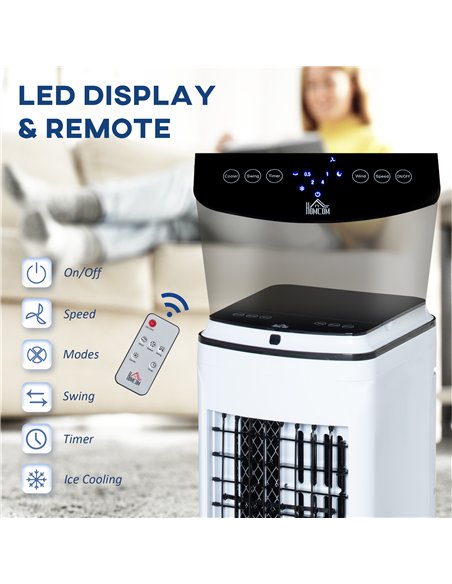 HOMCOM 3-in-1 Evaporative Air Cooler with 4L Water Tank, Portable Fan Cooler with Automatic Oscillation, Timer, Remote, White