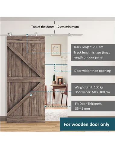 HOMCOM Wooden Sliding Door Kit Stainless Steel Smooth Operation Hardware Track Kit System Unit For Single Door 2000mm