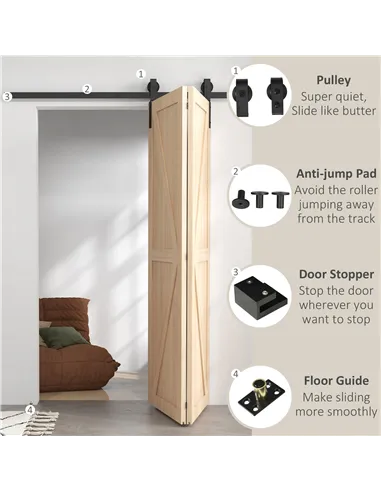 HOMCOM 5ft Bi-Folding Sliding Barn Door Hardware Kit - Black