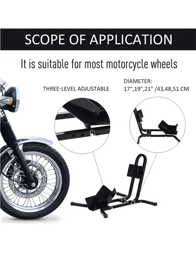 HOMCOM Metal Motorcycle Motorbike Wheel Chock Locking Stand System 17”,19”,21”/43,48,51 Cm Front Wheels Steel Adjustable Fixing 