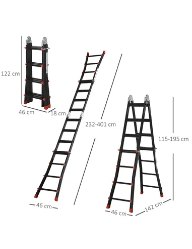 HOMCOM 4M Aluminium Duo Ladder Telescopic Herringbone Changeable Multi-Purpose w/ Non-Slip Steps Climbing DIY Platform Portable 