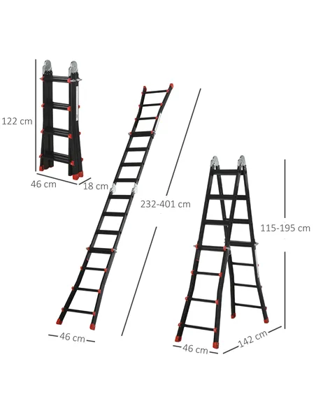 HOMCOM 4M Aluminium Duo Ladder Telescopic Herringbone Changeable Multi-Purpose w/ Non-Slip Steps Climbing DIY Platform Portable 