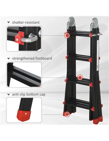 HOMCOM 4M Aluminium Duo Ladder Telescopic Herringbone Changeable Multi-Purpose w/ Non-Slip Steps Climbing DIY Platform Portable 