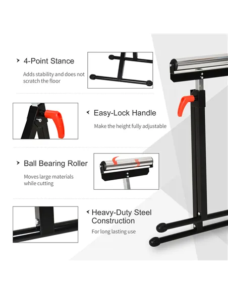 HOMCOM Folding Roller Stand, Material Support Pedestal with Ball Bearing Roller Height Adjustable Portable, Metal Construction, 