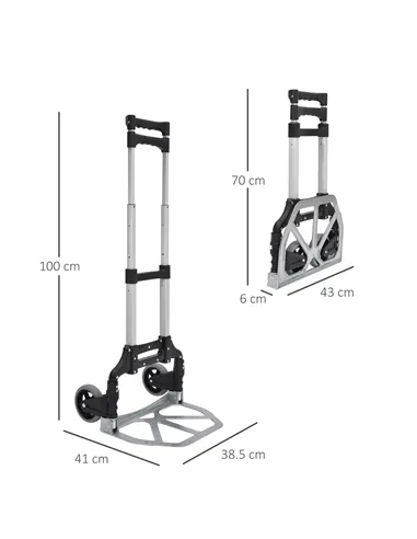 HOMCOM Aluminium Folding Hand Truck Trolley, Heavy Duty Foldable Sack Cart with Adjustable Telescoping Handle, 70KG Load Capacit
