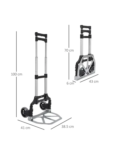 HOMCOM Aluminium Folding Hand Truck Trolley, Heavy Duty Foldable Sack Cart with Adjustable Telescoping Handle, 70KG Load Capacit