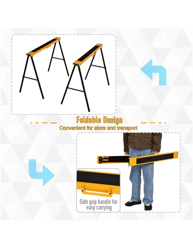 HOMCOM 2PCS Saw Horse Twin Pack Folding Workbench Metal Trestle Stands with Non-slip EVA Surface for Sawing Work Max Load 125kg