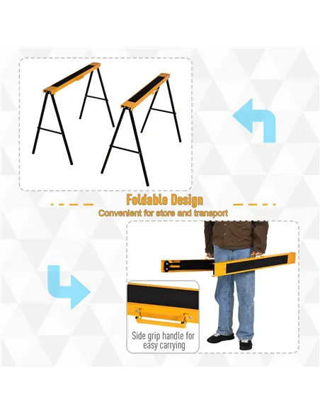 HOMCOM 2PCS Saw Horse Twin Pack Folding Workbench Metal Trestle Stands with Non-slip EVA Surface for Sawing Work Max Load 125kg