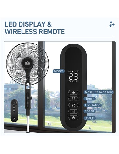 HOMCOM Three Mode Pedestal Fan, with Insect Repellant Box and LED Panel - Black