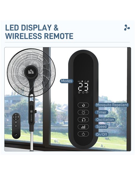 HOMCOM Three Mode Pedestal Fan, with Insect Repellant Box and LED Panel - Black