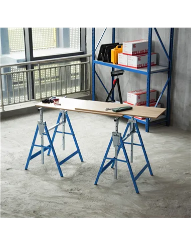 HOMCOM Set of 2 Adjustable Telescopic Builders Trestle, DIY Steel Work Bench Carpenter, Folding Saw Horse Tools Blue