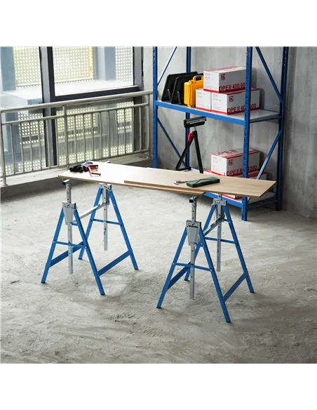 HOMCOM Set of 2 Adjustable Telescopic Builders Trestle, DIY Steel Work Bench Carpenter, Folding Saw Horse Tools Blue