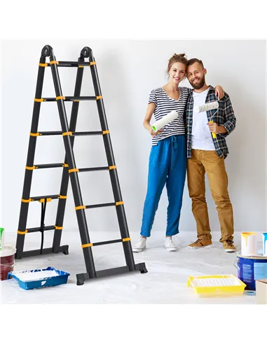 HOMCOM 3.8m Duo Aluminium Ladder w/ Tool Holder - Yellow