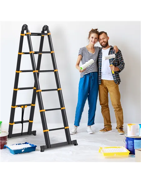 HOMCOM 3.8m Duo Aluminium Ladder w/ Tool Holder - Yellow