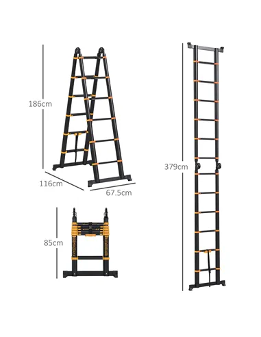 HOMCOM 3.8m Duo Aluminium Ladder w/ Tool Holder - Yellow