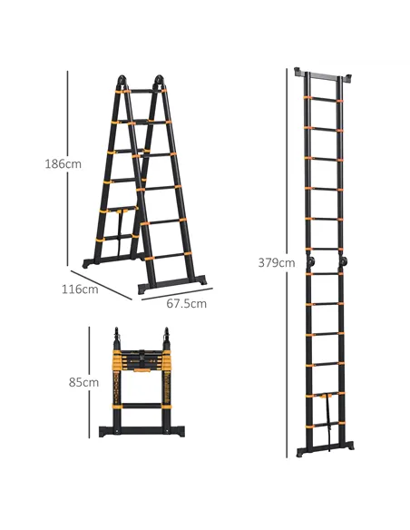 HOMCOM 3.8m Duo Aluminium Ladder w/ Tool Holder - Yellow